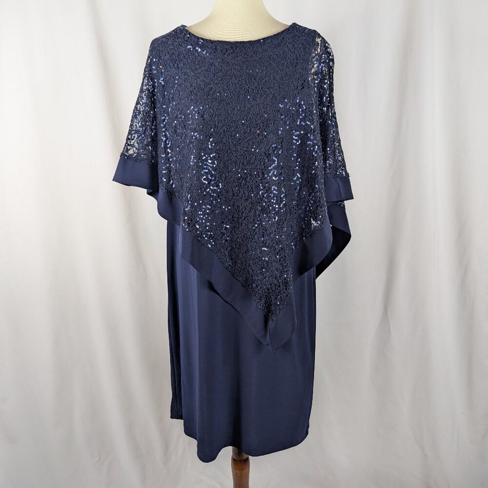 R&M Collection Navy Blue Cocktail Dress Lace Sequin Overlay Mother Bride Sz 14